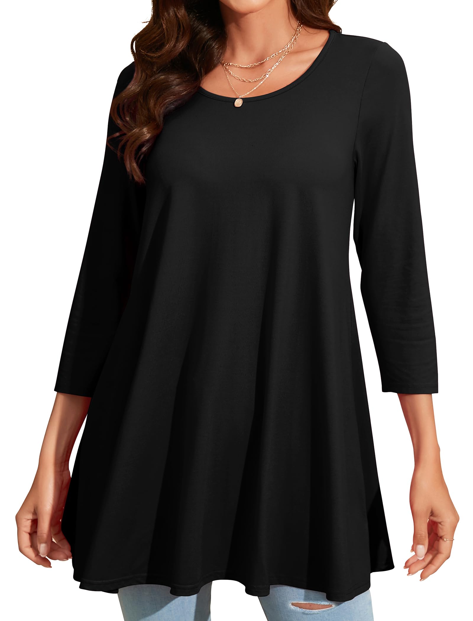 Enmain Damska tunika na co dzień topy z długim rękawem damska długa tunika bluzka koszule okrągły dekolt plus size tuniki sukienka pływająca koszulka dla kobiet, S-3XL