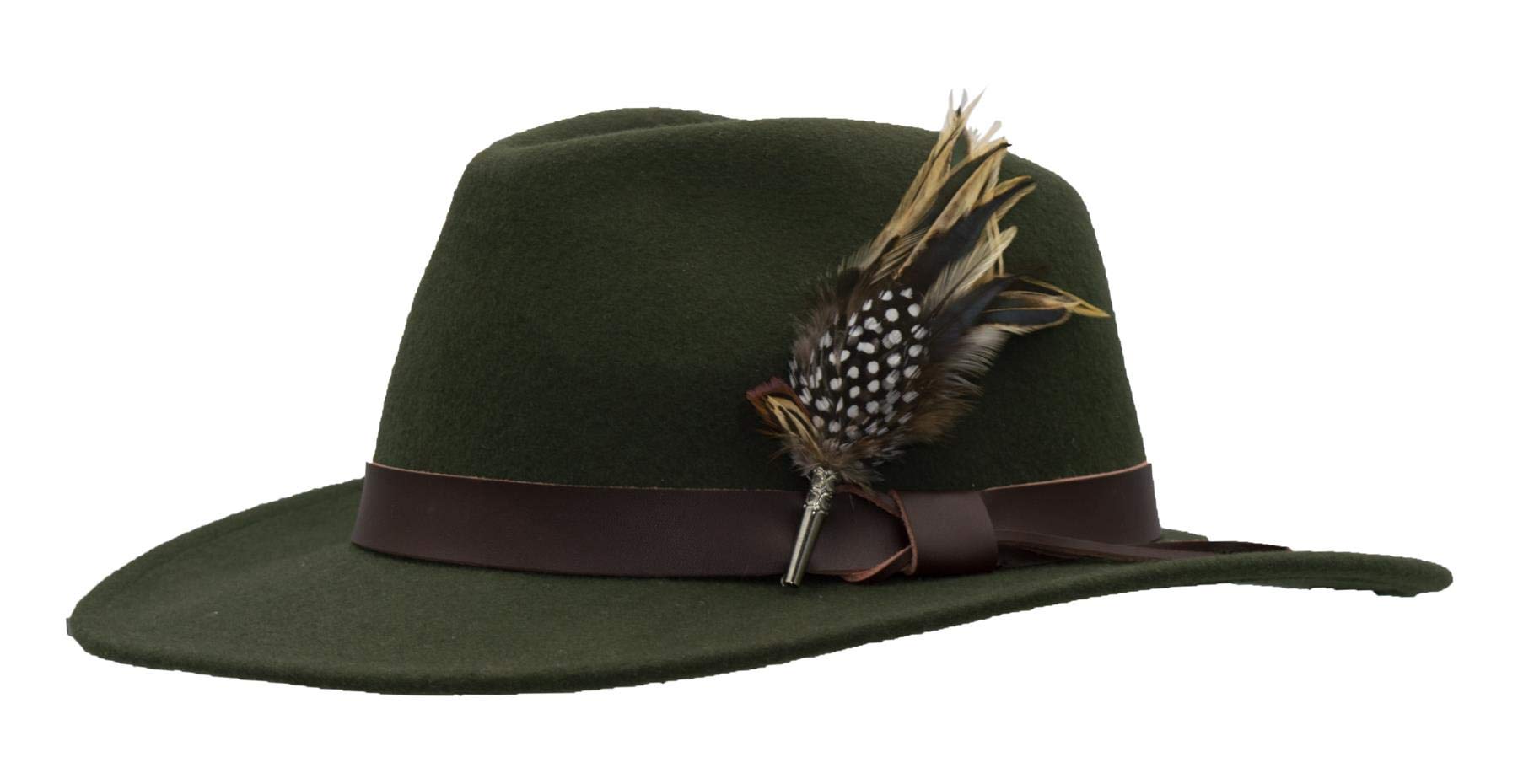 WALKER AND HAWKES - Richmond Fedora Crushable Felt Hat w/Leather Trim and Feather Brooch - Dark Olive - X-Large (60cm)