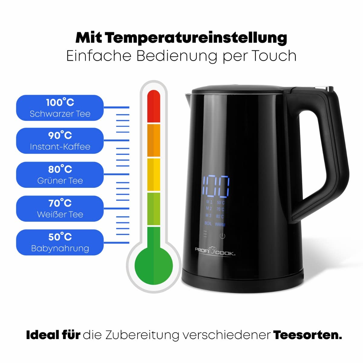 ProfiCook® Bouilloire avec réglage de la température 1,7 litre - Choix de la température 50°-100°C, fonction maintien au chaud, théière avec réglage de la température - PC WKS 1243