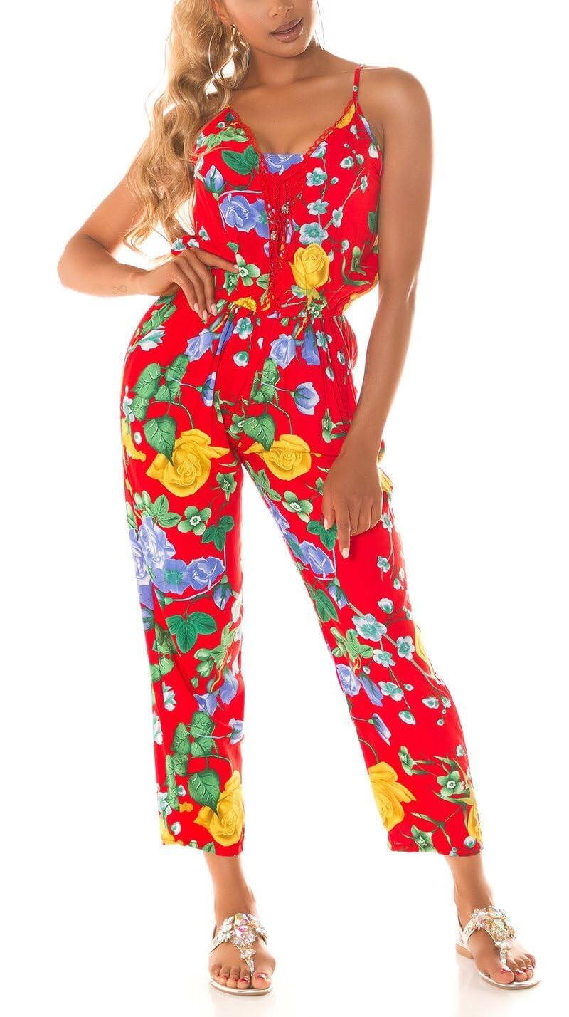 Koucla Summer Long Jumpsuit with Floral Print, red, L/XL