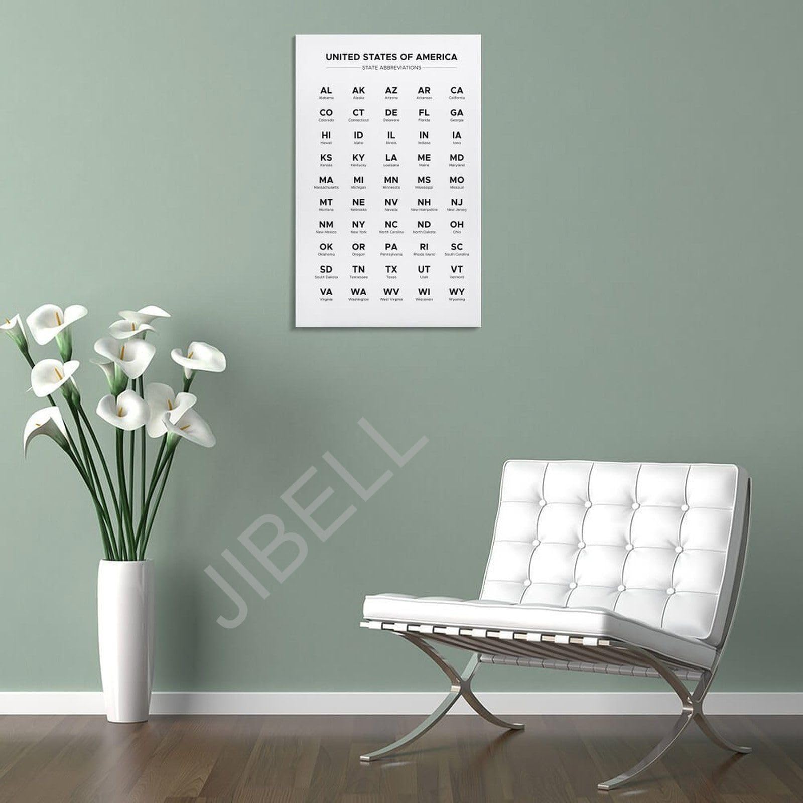 Amazon.com: 美國州縮寫圖表按字母順序排列海報清單兩個字母縮寫名稱所有5 幅油畫牆藝術海報適用於臥室客廳裝飾08 x 12 英吋(20x30  公分)