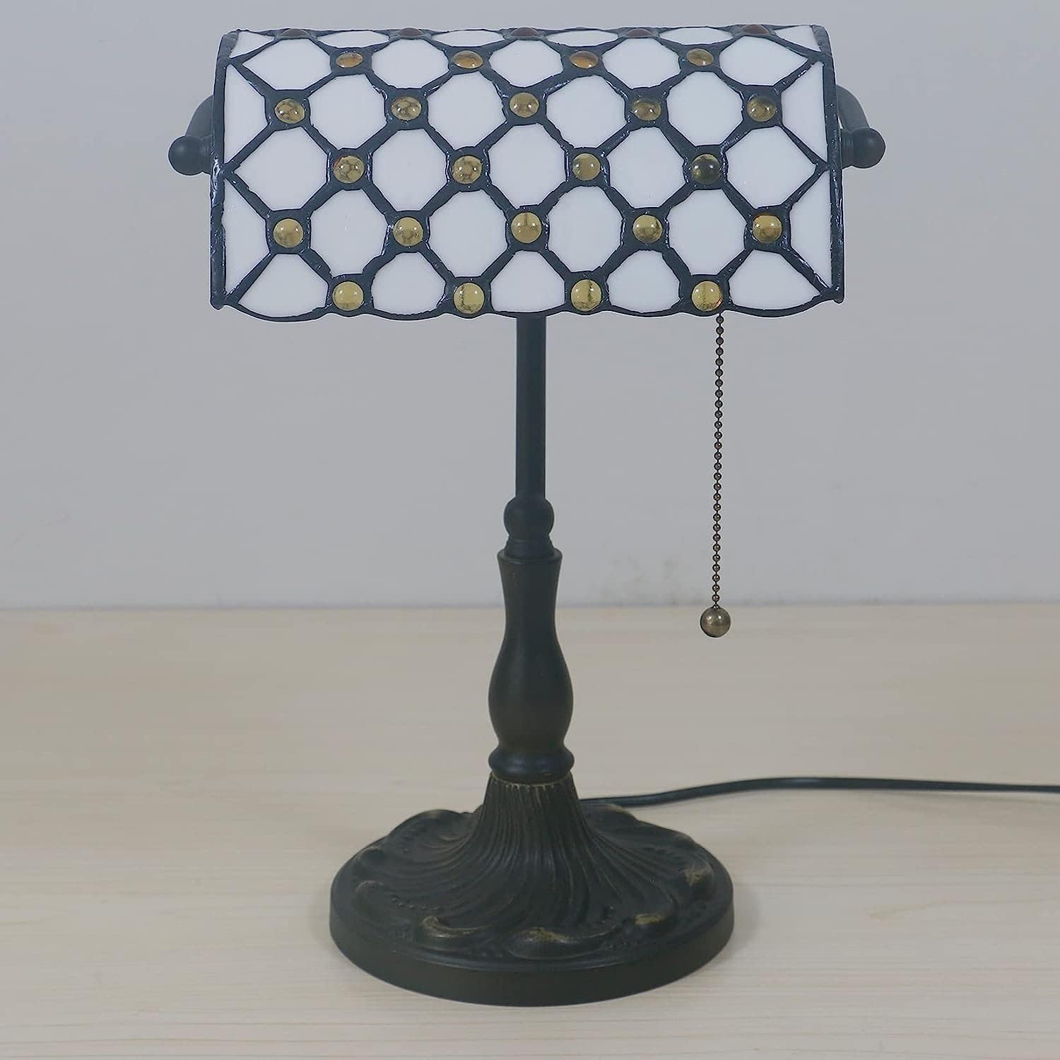 Bankiers Tischlampe, farbige Glaslampe, Kristallperlenschreibtischlampe, Schlafzimmer in der Nacht Leselampe (weißer gelbe Glasperlenschatten) Innovate