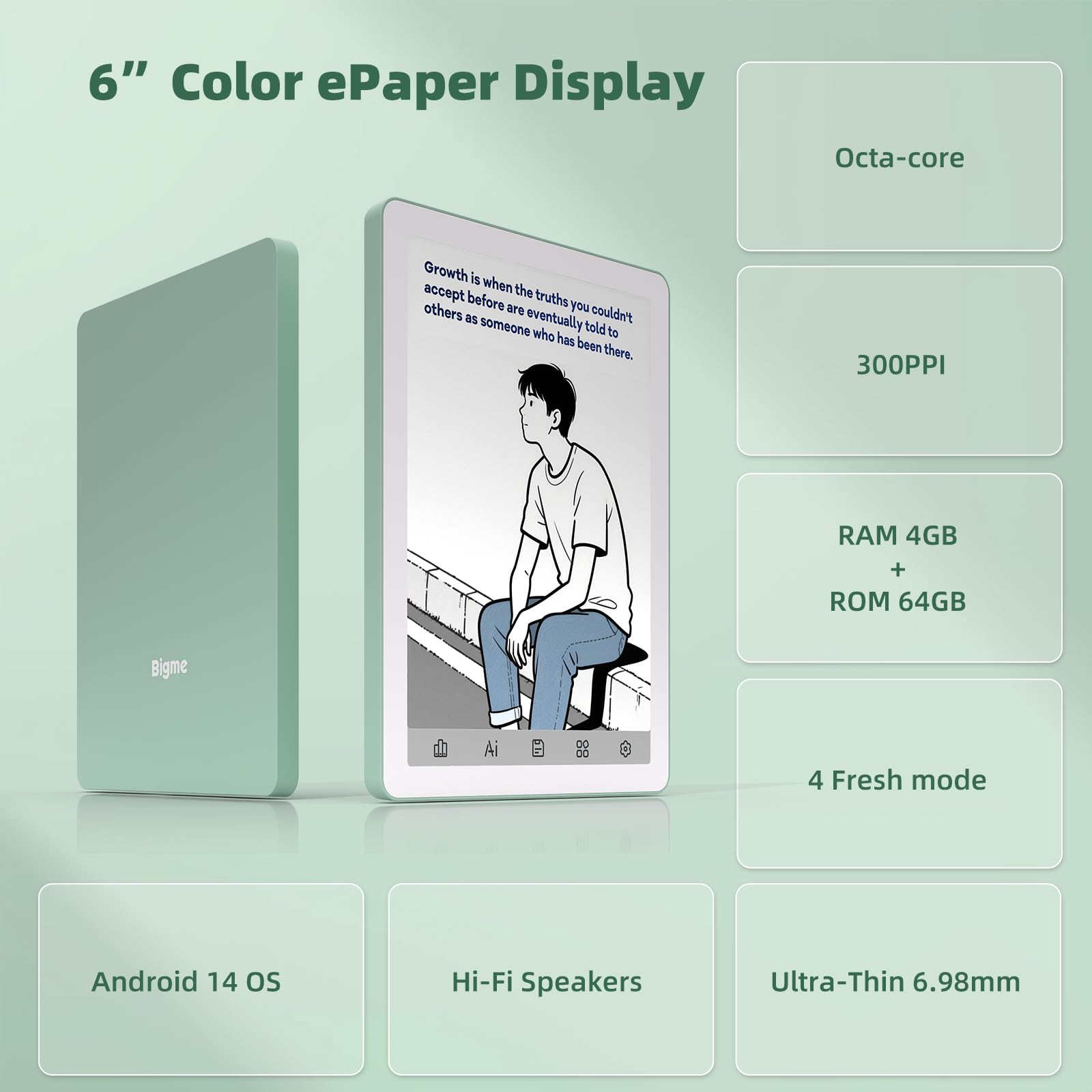 Bigme B6- Lettore e-Ink, e-Ink, 6 pollici, colore eReader digitale ePaper Tablet con Android 14, 4G + 64 GB, luce frontale regolabile, dispositivo Android eReader con audiobook verde