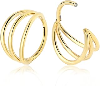 Triple Small Gold Hoop Earrings for One Hole: 14K Gold Plated Cartilage Hoop Earring 16G 316L Surgical Steel Clicker Closure Hinged Huggie Hoop Earrings for Lobe Conch Daith Helix Rook Tiny Hoops for Women Girls