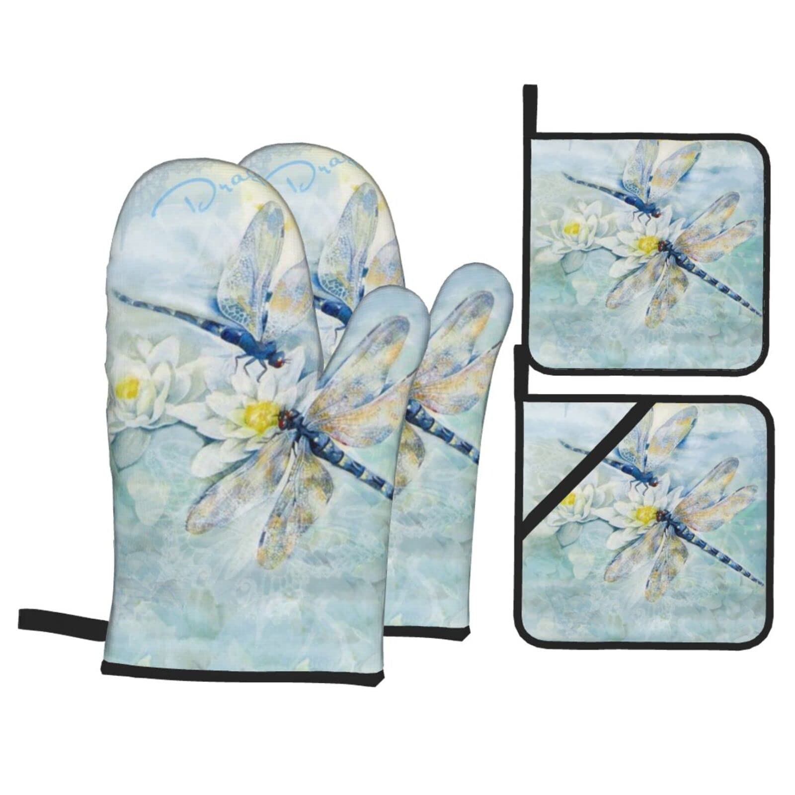 Dragonfly Lotus Print Kitchen Baking Four Piece Set of Heat Resistant Thick Cotton Oven Mitts for Cooking, Baking and Grilling