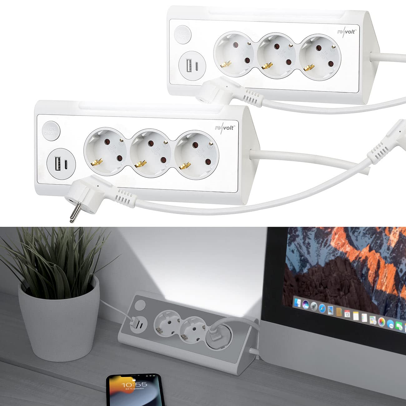 revolt Steckdosenleiste mit: 3-fach-Steckdose mit Nachtlicht, 1x USB A QC, 1x USB C PD, weiß 2er-Se (Steckdosenleiste Eckmontage, mit Buchse, Kabel)