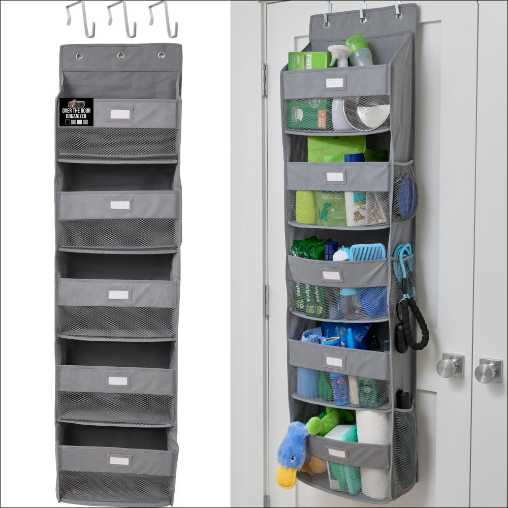 Over The Door Organizer Storage, 5 Deep Hanging Shelves, Holds 50lbs, Closet Organizers Shelf for Bedroom, Shoes, Bathroom, Nursery, Dorm Essentials, 3 Metal Hooks, 58x15 Inches, Gray
