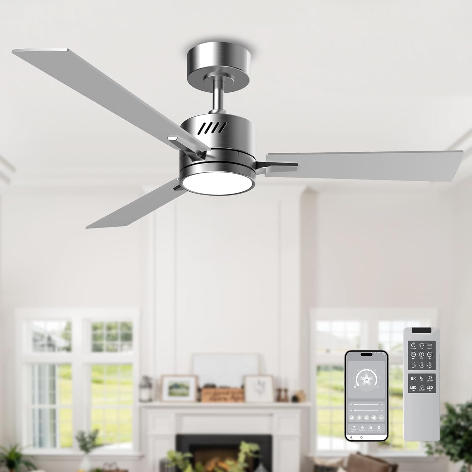 AHAWILL 42 inch Ceiling Fan with Light,Outdoor Ceiling Fans with Lights and Remote,Reversible,6CCT, Dimmable, Noiseless,Sliver Ceiling Fan for Bedroom, Indoor/Outdoor Use
