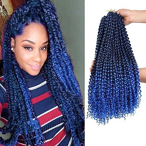 7 Packs Passion Twist Hair Water Wave Braiding Hair Ombre Blue for Locs Crochet Pretwisted Long Synthetic Braiding Hair Extensions (18Inch 7pcs #Tblue)