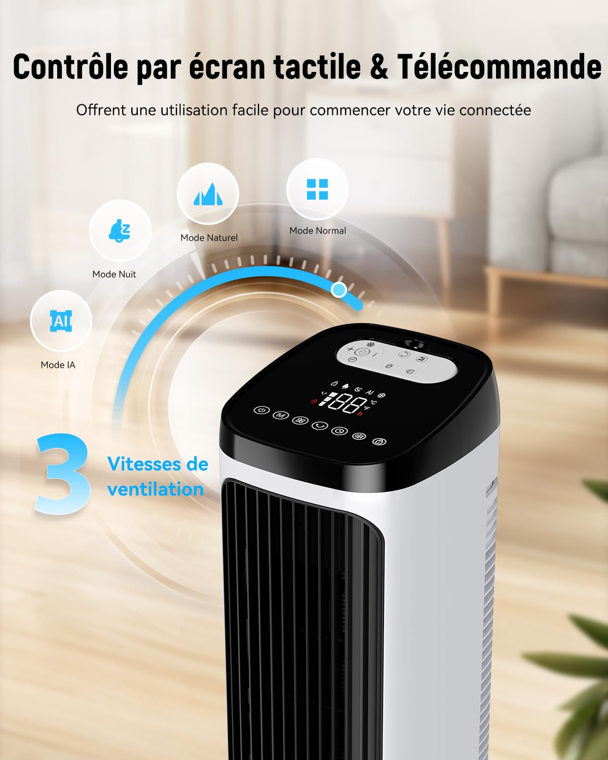 Ventilateur Colonne avec Refroidissement par eau, packs de glace, minuterie 12-H, 4 modes, 3 Vitesses, Oscillation à 80°, Refroidisseur d'air par Évaporation Portable avec télécommande, pour chambre à