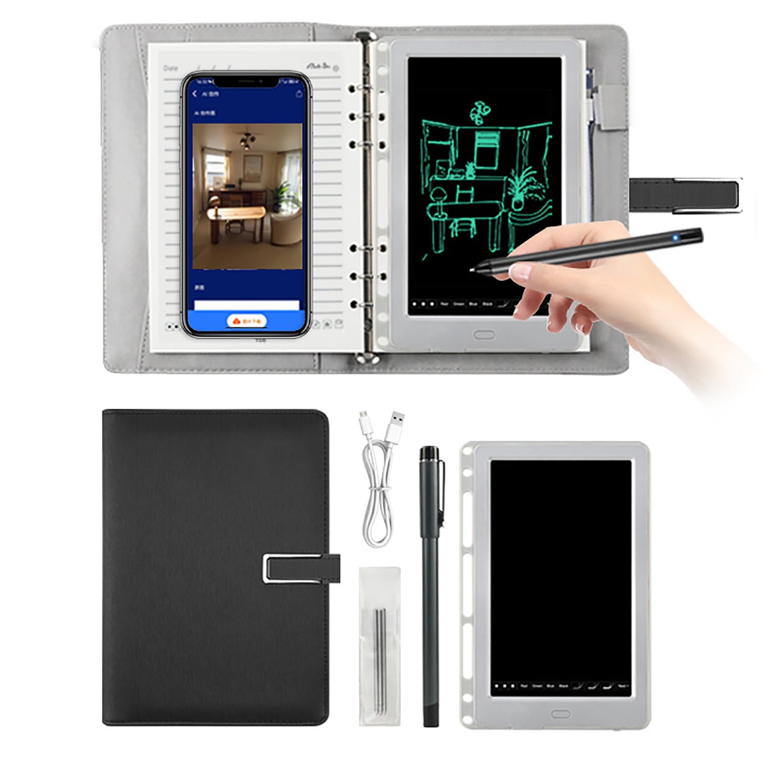 Taccuino da Disegno Digitale, Notebook Intelligente 2-in-1 con Penna Sincronizzata, Riutilizzabile per Appunti e Lavoro Creativo Black