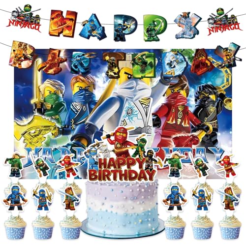27pcs Ninja Party Decoration Pack IncludesBannerCake TopperBlackdrop for Ninja party supplies