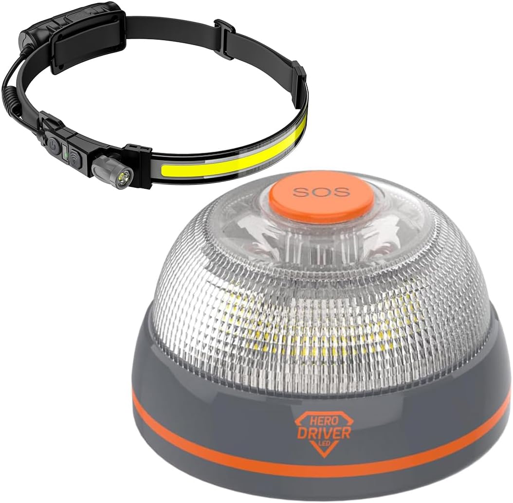 Hero Driver LED Pack Baliza V16 Conectada Certificada DGT + Lmpara Frontal LED Recargable USB-C Seguridad Vial 2026