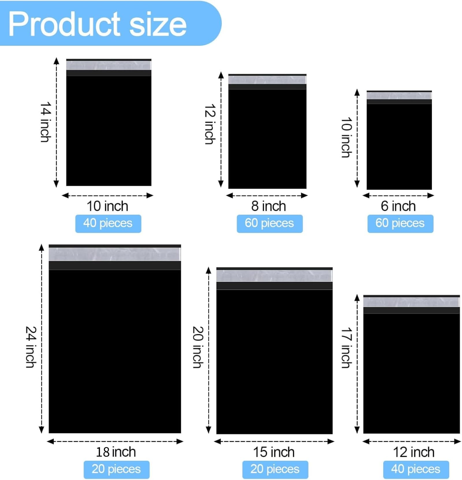 Outus Lot de 240 enveloppes d'expédition autocollantes imperméables et indéchirables en polyéthylène de 6 tailles assorties pour vêtements, livres, cadeaux (noir)