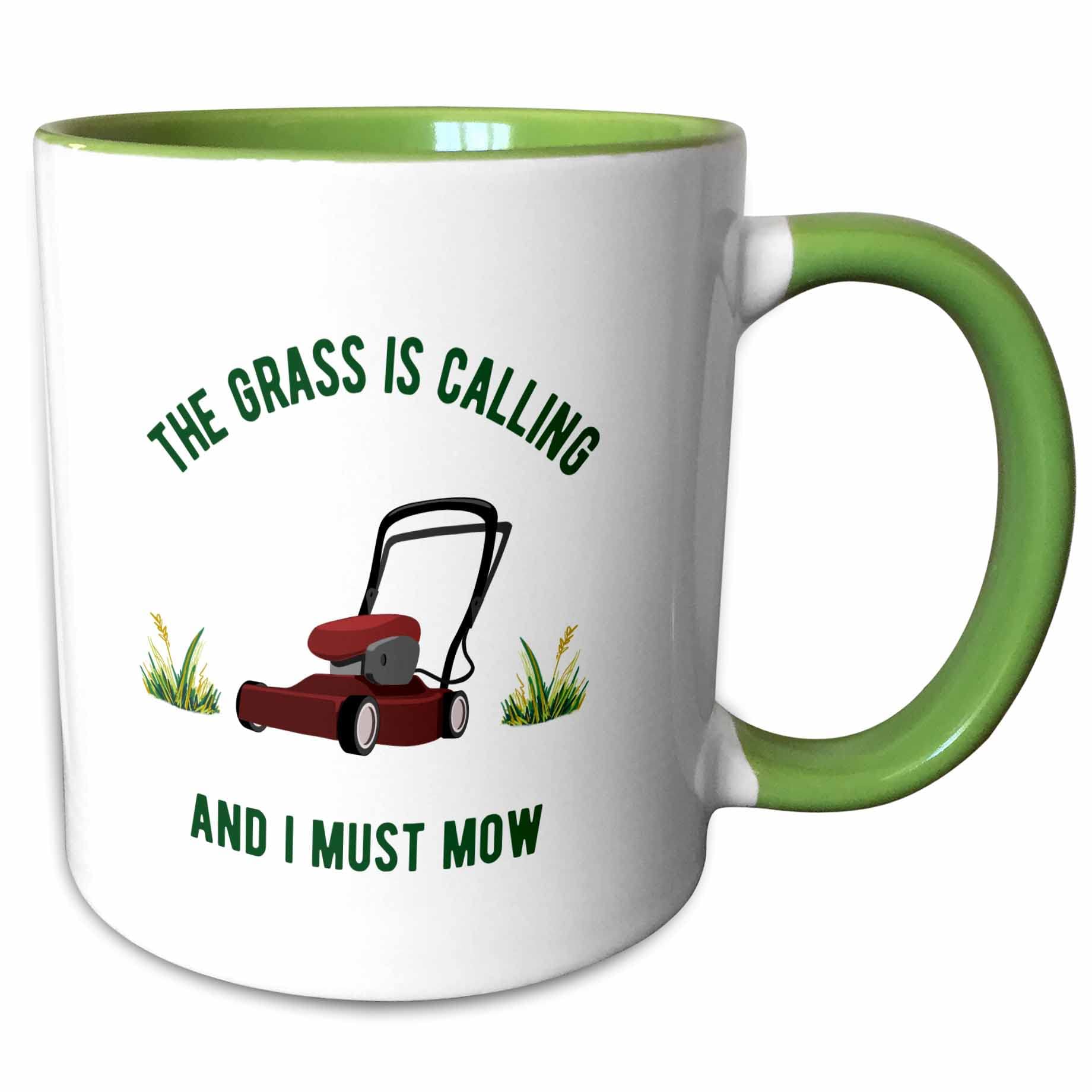 3dRose The Grass is Calling and I Must Mow - Funny Gardening Gardener Humor 11oz Two-Tone Green Mug