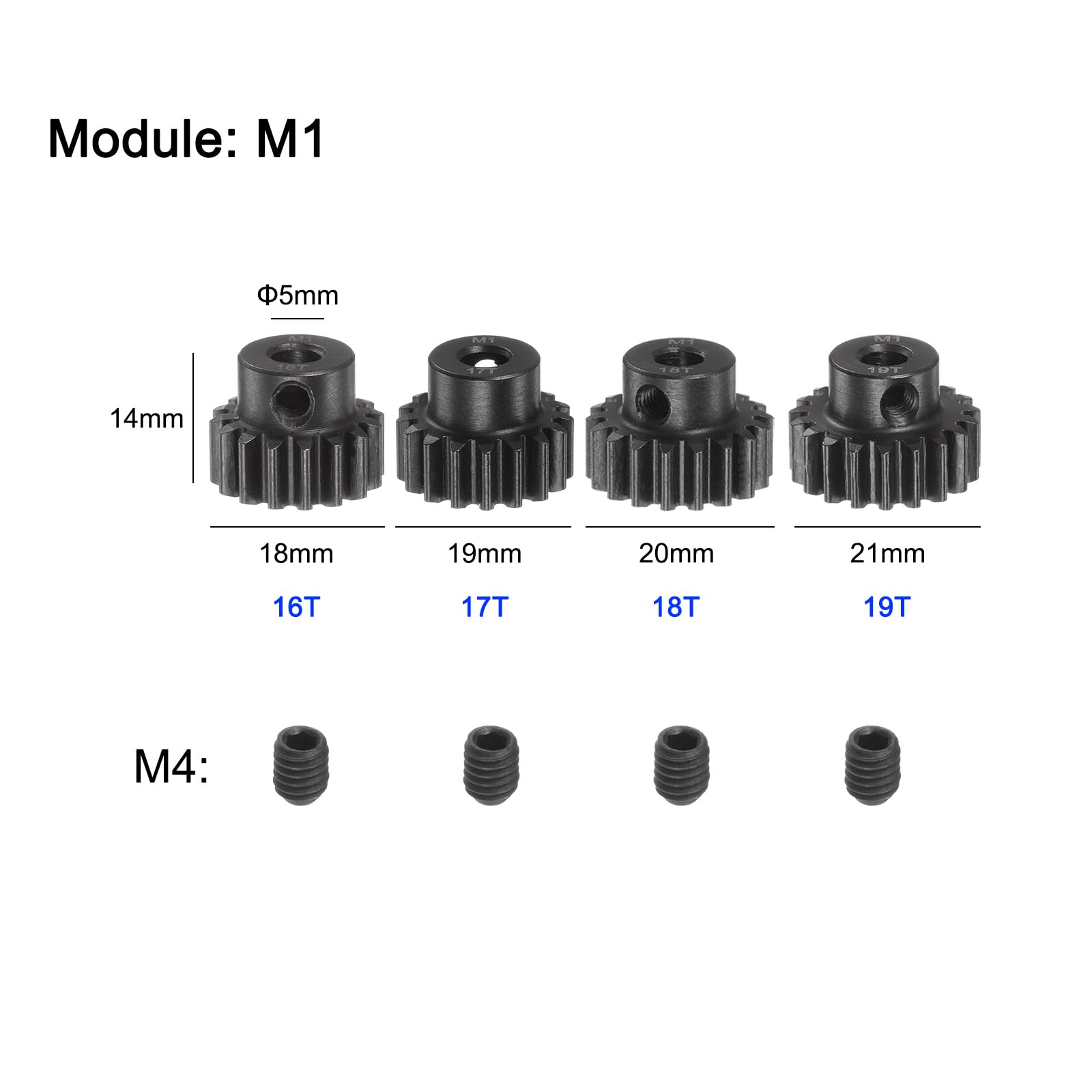 QUARKZMAN M1 Pinion Gear zestaw zębatek 5 mm wał 16T 17T 18T 19T koła zębate z hartowanej stali ze stopniem do samochodu RC (4 sztuki)