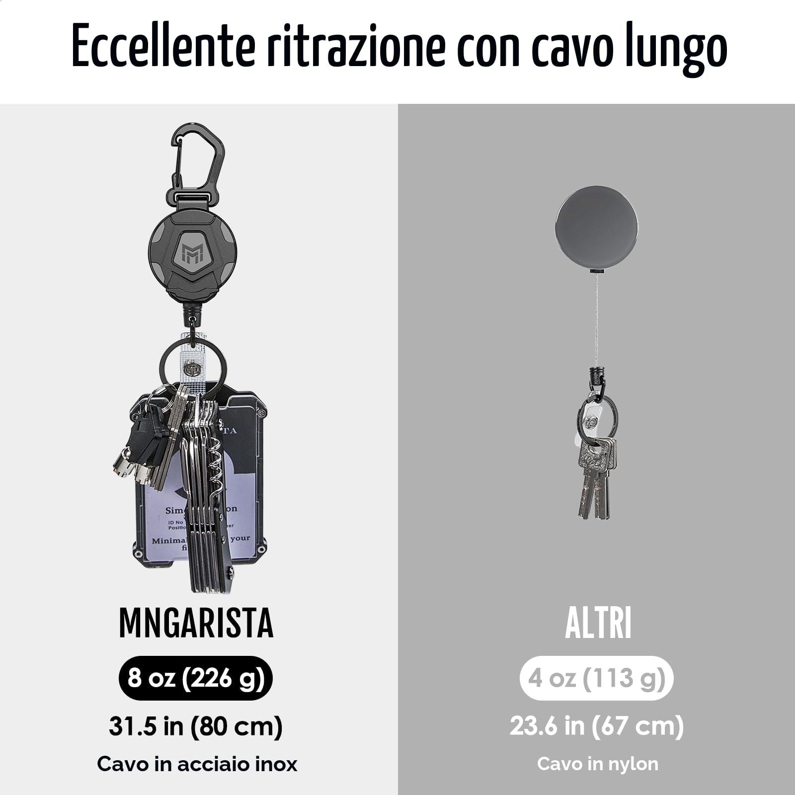 MNGARISTA Portachiavi retrattile da 2 pezzi, porta badge a moschettone per impieghi gravosi, bobina badge identificativo tattico con cavo retrattile in acciaio da 80 cm, 226 g