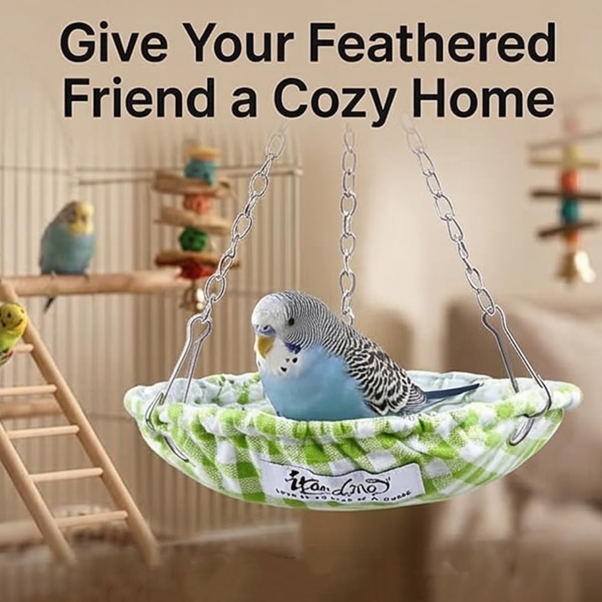Nid d'oiseau pour perruche - Imperméable - Niche de couchage pour perruche - Accessoire de cage - Nid lavable pour perruches - Inséparable - Stable avec chaîne - Vert - Diamètre : 15 cm
