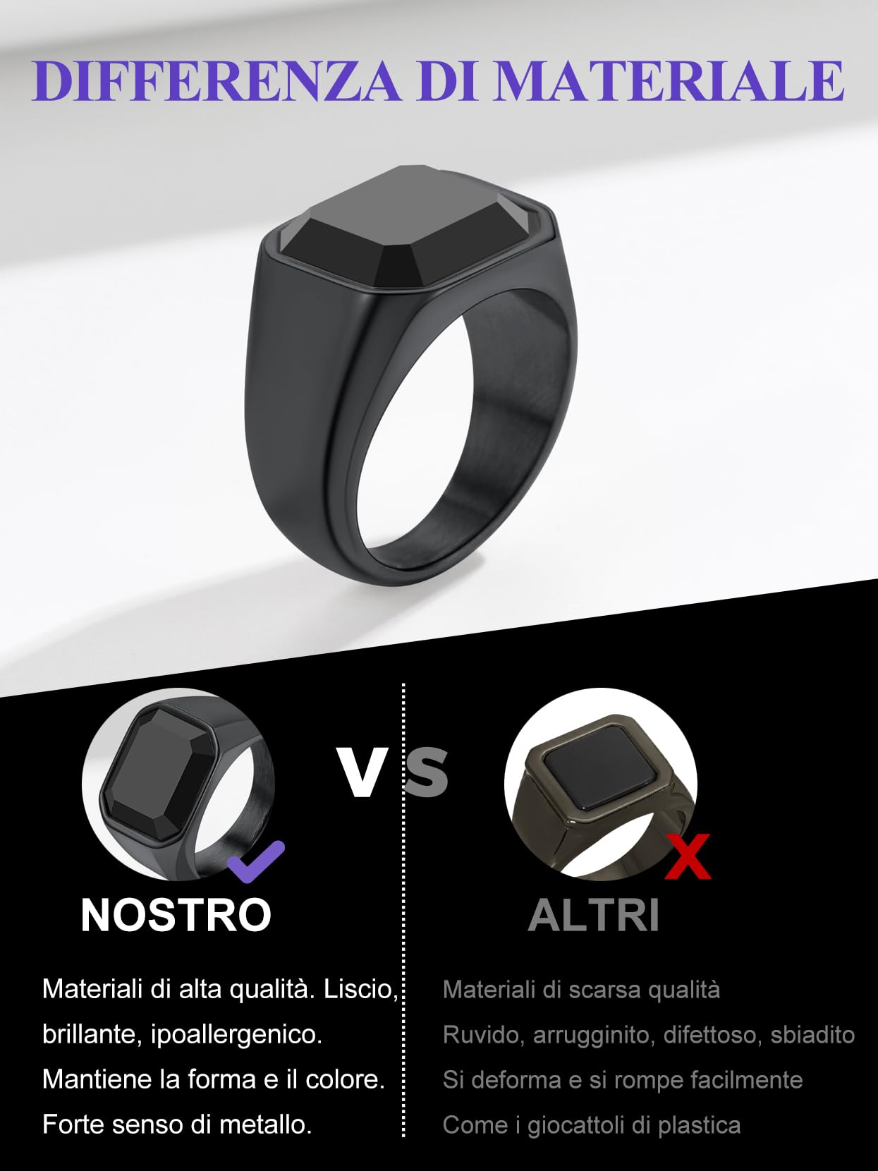Richsteel Anello Uomo Argento Anello in Acciaio Inossidabile 316L Zircone Agata Nera Superficie Diamantata Quadrata Anello Taglia IT 14-27 Regalo Compleanno Impermeabile e Antiallergico