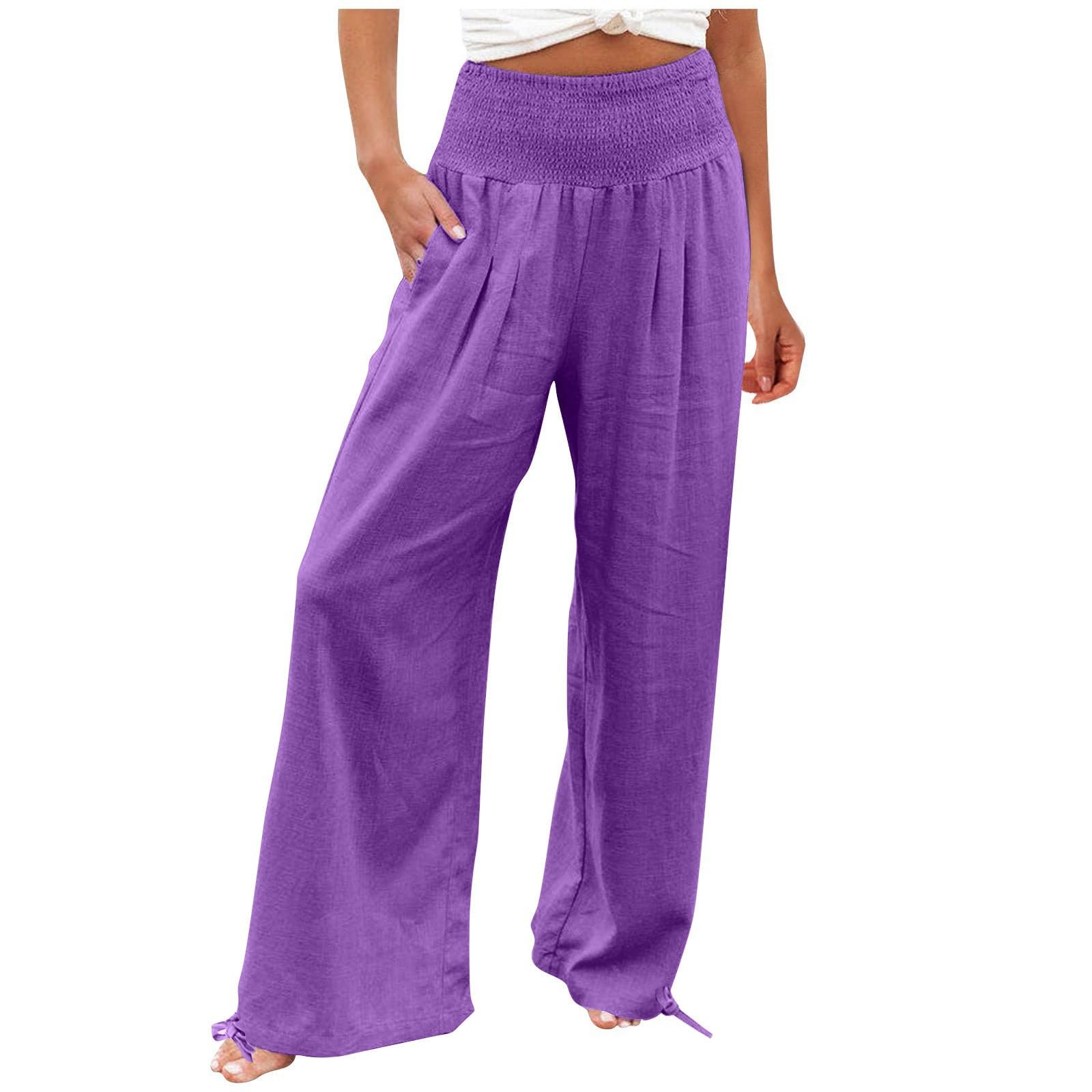 Womens Linen Pants 2025 Summer Casual Loose Wide Leg Palazzo Pants Smocked High Waist Flowy Beach Trousers