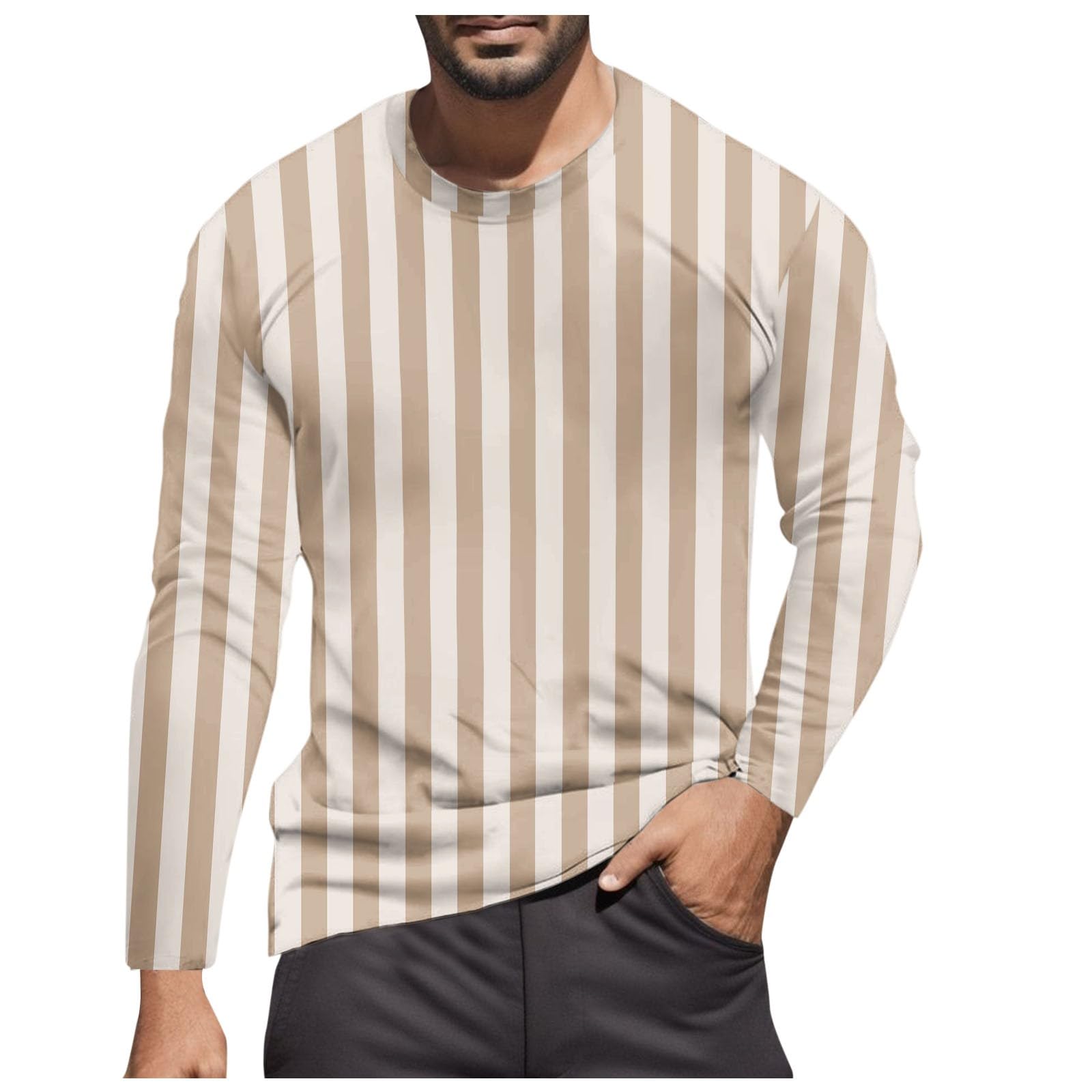 Striped Shirt Men Women Red White Long Sleeve T-Shirt Carnival Long Sleeve T-Shirt Horizontal Stripes Wide Stripes Fine Stripes Crew Neck Leisure Top Striped Shirt Fancy Dress Costumes, Khaki-9, M