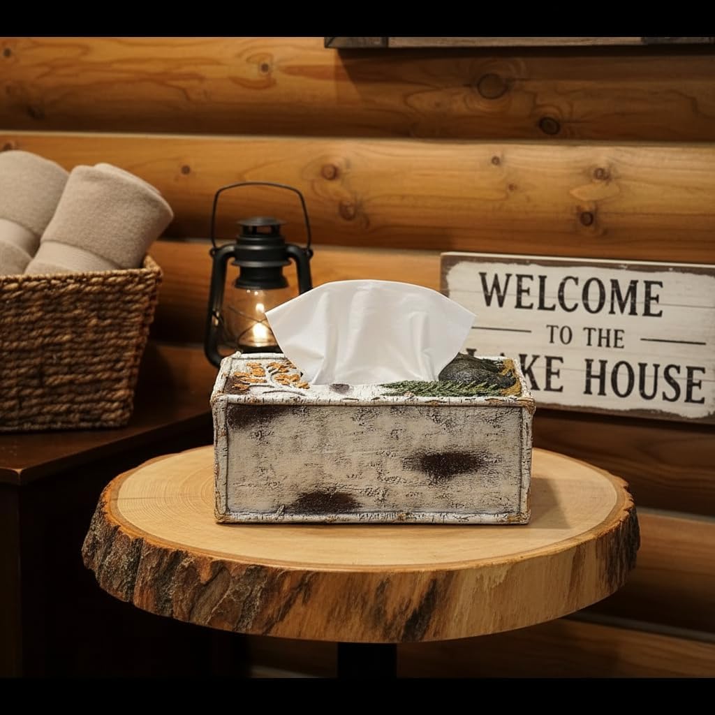 Comfy Hour 10" Black Bear Birch Nature Rustic Tissue Box Cover, Antique Vintage Western Figurine Style Home Decor, Polyresin Paper Holder Solo Unit
