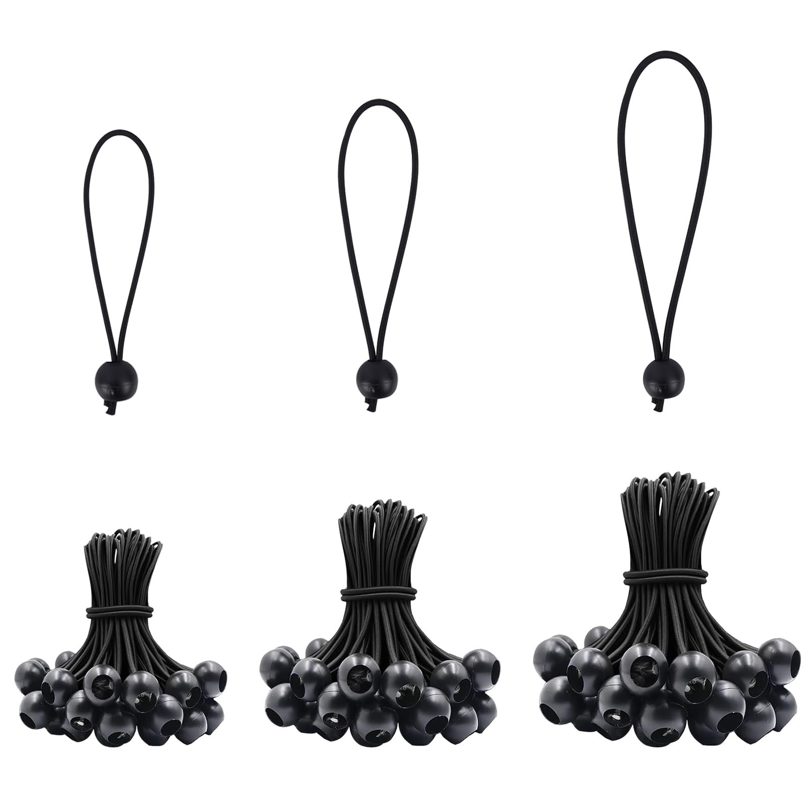 VirtuGro Bungee Cord with Balls 4/6/8 Inch 60Pcs Black Tarpaulin Bungee Balls Heavy Duty Tarp Bungees Ties Elastic Bungee Ball Cords for Tent Camping Pavilions Flag Marquee