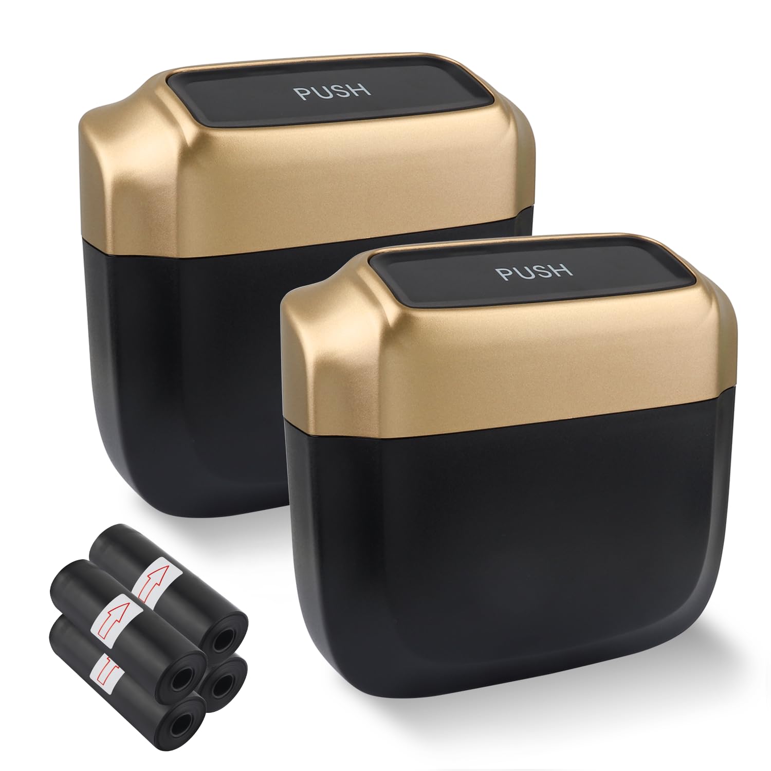 2pcs car trash can with lid + 60pcs garbage bag,mini trash can car interior accessories,multifunctional abs car organizers and storage (gold)