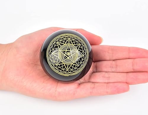 Miniatura 2 de AMOYSTONE Bola de obsidiana negra natural grabada luna y estrella esfera de cuarzo de cristal negro con soporte de ojo de tigre