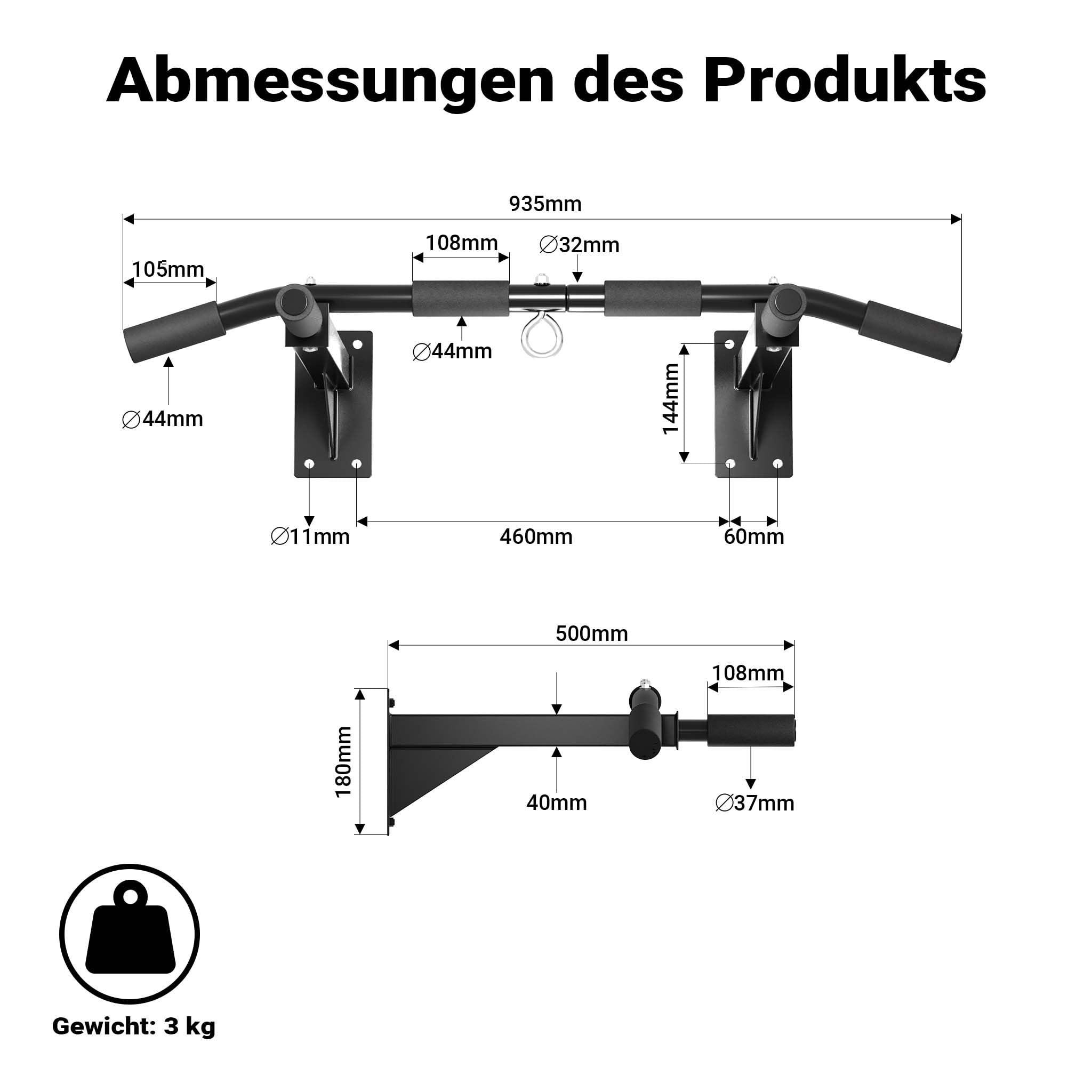 Klimmzugstange zur Wandmontage bis 200 kg, Klimmzug Stange aus Stahl mit gepolsterten Griffen, Fitness Zubehör Pull Up Bar für Training zu Hause, Trainingsstange für verschiedene Sportübungen