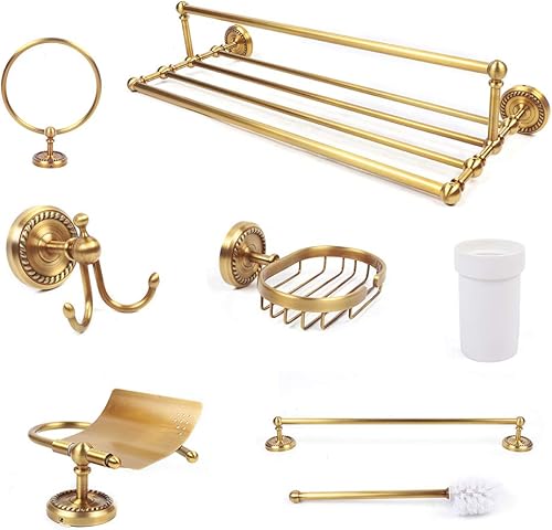 Juego de accesorios de baño de oro antiguo de 7 piezas con toallero y soporte para papel higiénico, organizador de cobre montado en la pared para