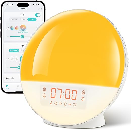 Sunrise Alarm Clock with App Control for Heavy Sleepers, Bedroom, Wake Up Light with Sunrise&Sunset photo Sunrise Alarm Clock with App Control for Heavy Sleepers, Bedroom, Wake Up Light with Sunrise&Sunset Simulation, White Noise Sound Machine with 11 Colors Night Lights, Dual Alarms, FM Radio