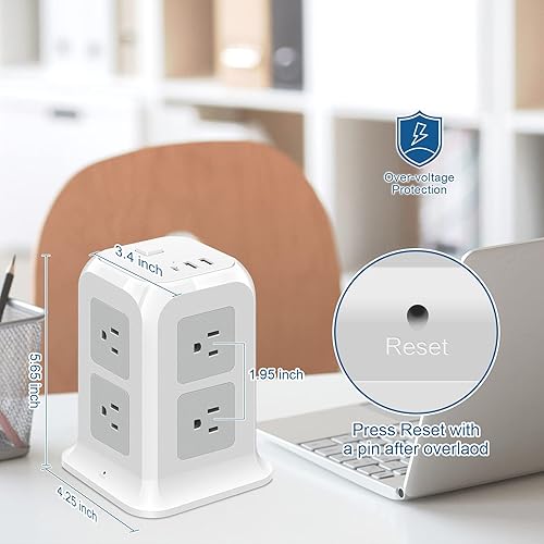 Miniatura 6 de ODOM Torre de regleta USB C con 8 tomas de corriente + 4 puertos USB (2 USB C) + cable de extensión de 6 pies, protector de sobretensiones múltiples