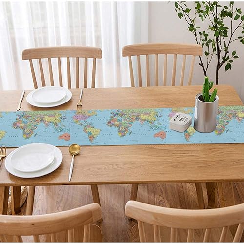 Miniatura 3 de Swono - Camino de mesa con diseño de mapamundi, mapa del mundo de colores, con bordes, caminos y ciudades, tela de algodón, lino para cocina, mesa