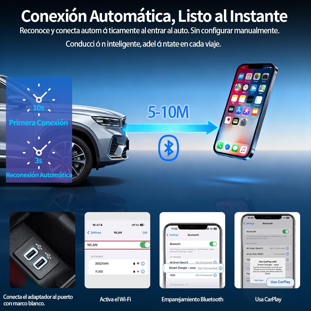 Adaptador CarPlay Inalámbrico, para Coches con CarPlay & Android Auto, Car Play Inalambrico para iPhone iOS 10+ & Android 11+, Compacto y Estable Doble Núcleo WLAN a 5.8 GHz Bluetooth Wireless Adapter