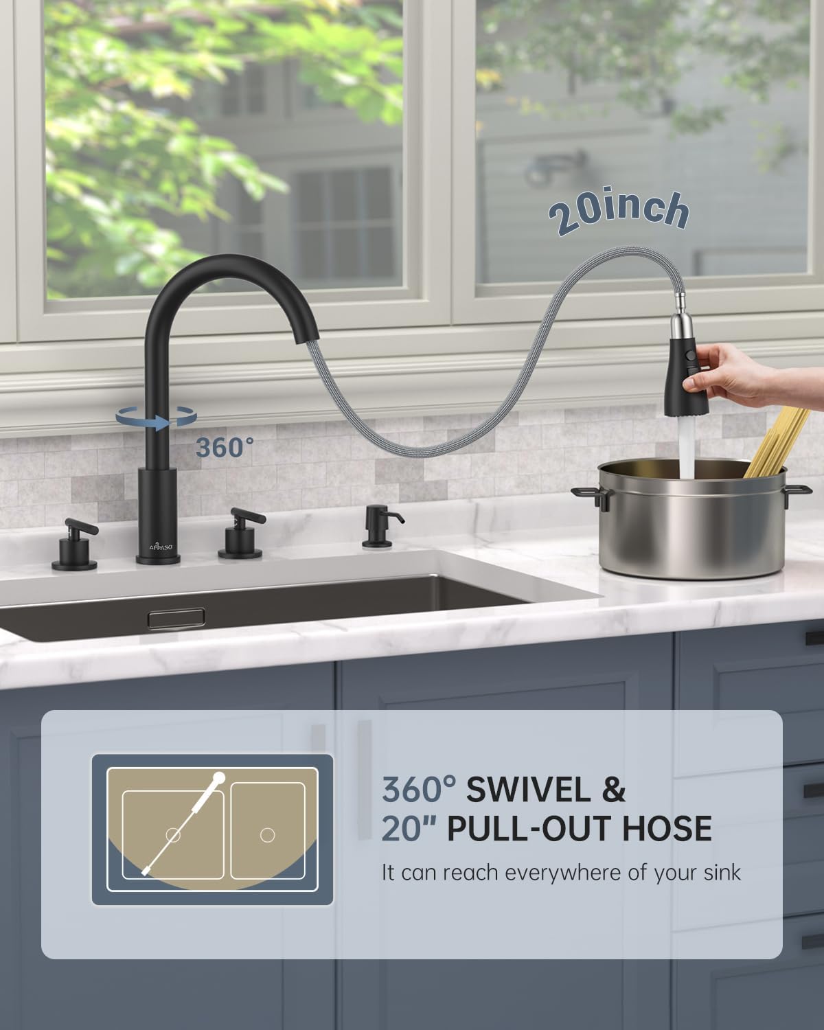 APPASO 2 Handle Kitchen Faucet, 4 Hole Black Kitchen Sink Faucet with Soap Dispenser, Modern High Arc 3 Hole Faucet for Kitchen Sink - Image 4