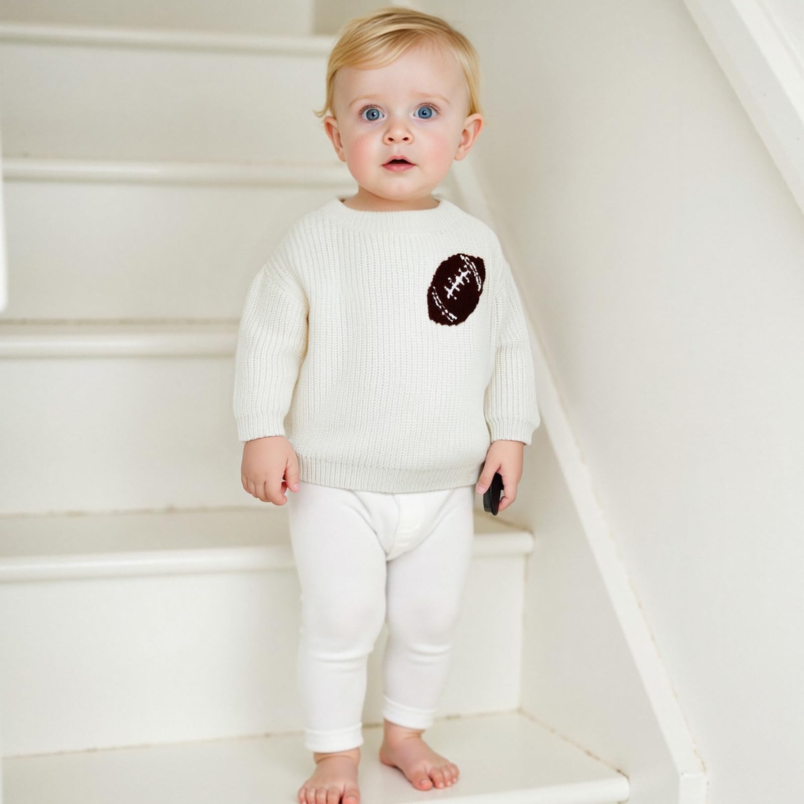 Newborn Baby Boy Girl Winter Clothes Cute Football Embroidered Sweater Long Sleeve Pullover Chunky Knit Tops (White, 2-3 Years)