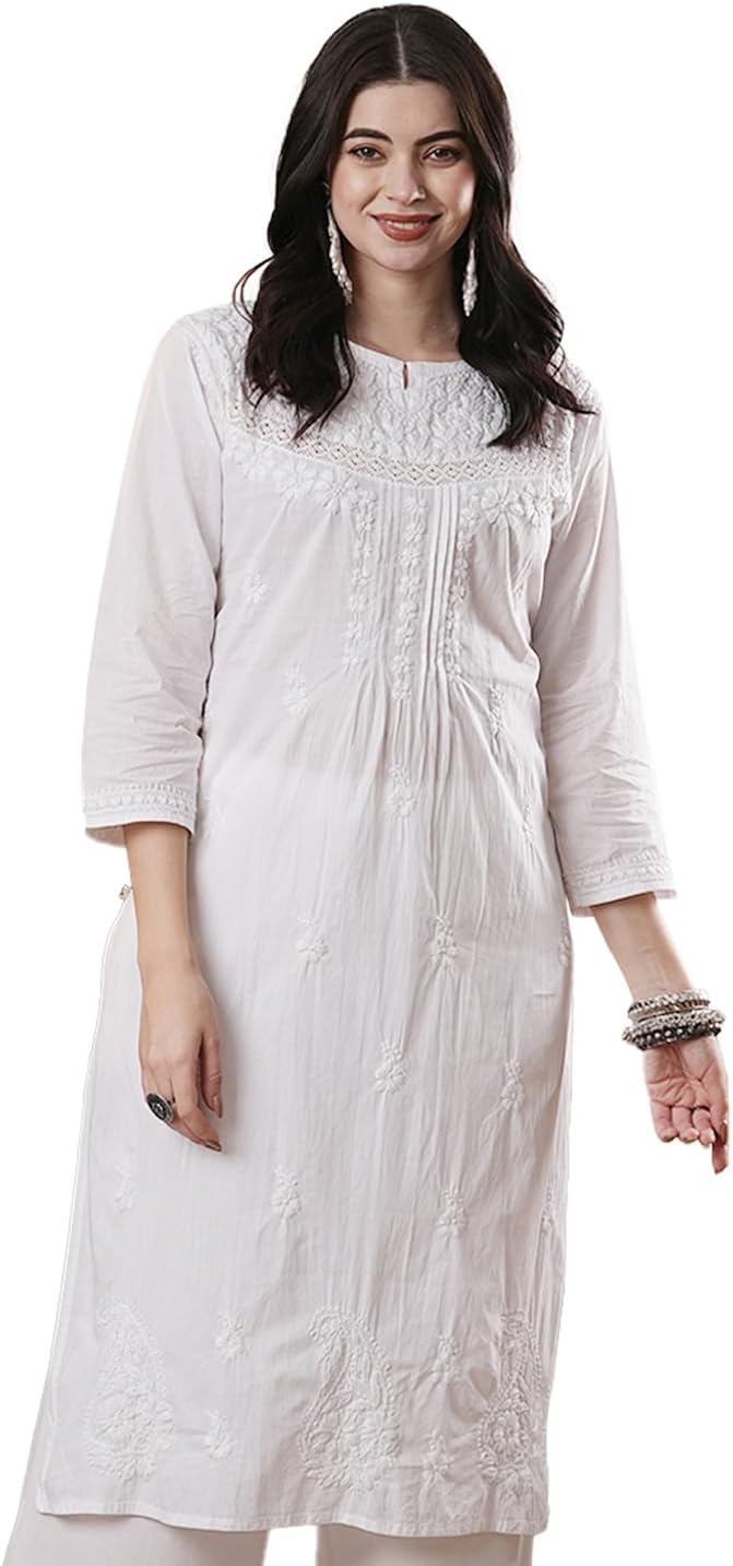Ada Indian Hand Embroidered Chikankari White Cotton Kurti Kurta Tunic Dress for Women A100376