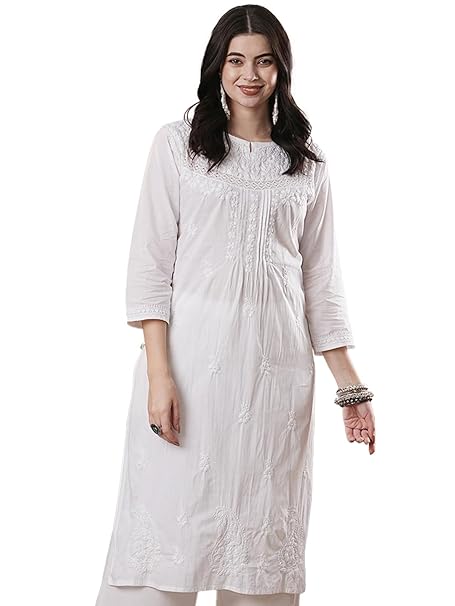 Ada Women's Cotton Regular Fit Tunic Lucknow Chikankari Kurta Hand Embroidered Kurti A332395