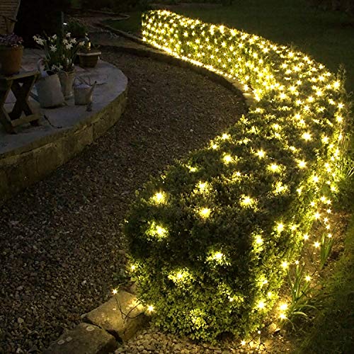 JMEXSUSS Solar Net Mesh String Lights Outdoor Waterproof Lights, 8 Modes Remote Control Waterproof Solar Net Lights Outdoor Green Wire 9.8ft x 6.6ft 320 LED Mesh Lights(Warm White)