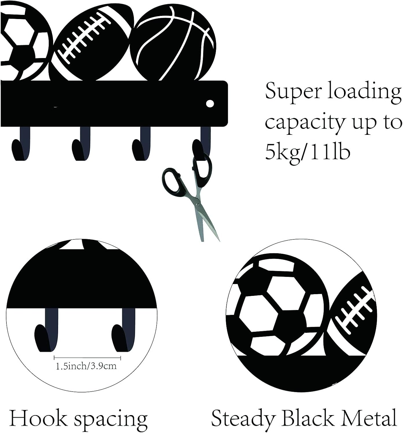 CREATCABIN Hook Hanger Wall Key Holder Metal Decorative Mounted Hanger with Sports Goods Basketball Football Baseball Pattern Design Organizer Rack with 6 Hooks for Wall, Bathroom, Kitchen, Entryway