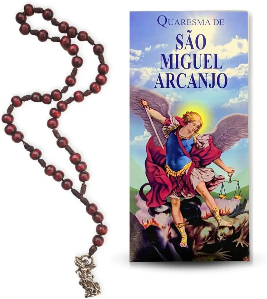 Terço São Miguel Arcanjo Com Novena Guia Impresso Em Madeira Grande 8mm