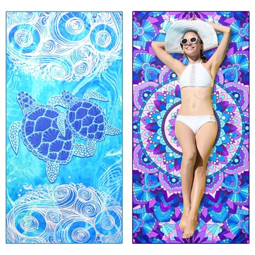 KutaKuta Paquete de 2 toallas de playa de microfibra, 180 x 90 cm, ligeras de doble cara, toallas de playa para adultos, extra grandes, de secado rápido, sin arena, para viajes, natación, yoga,