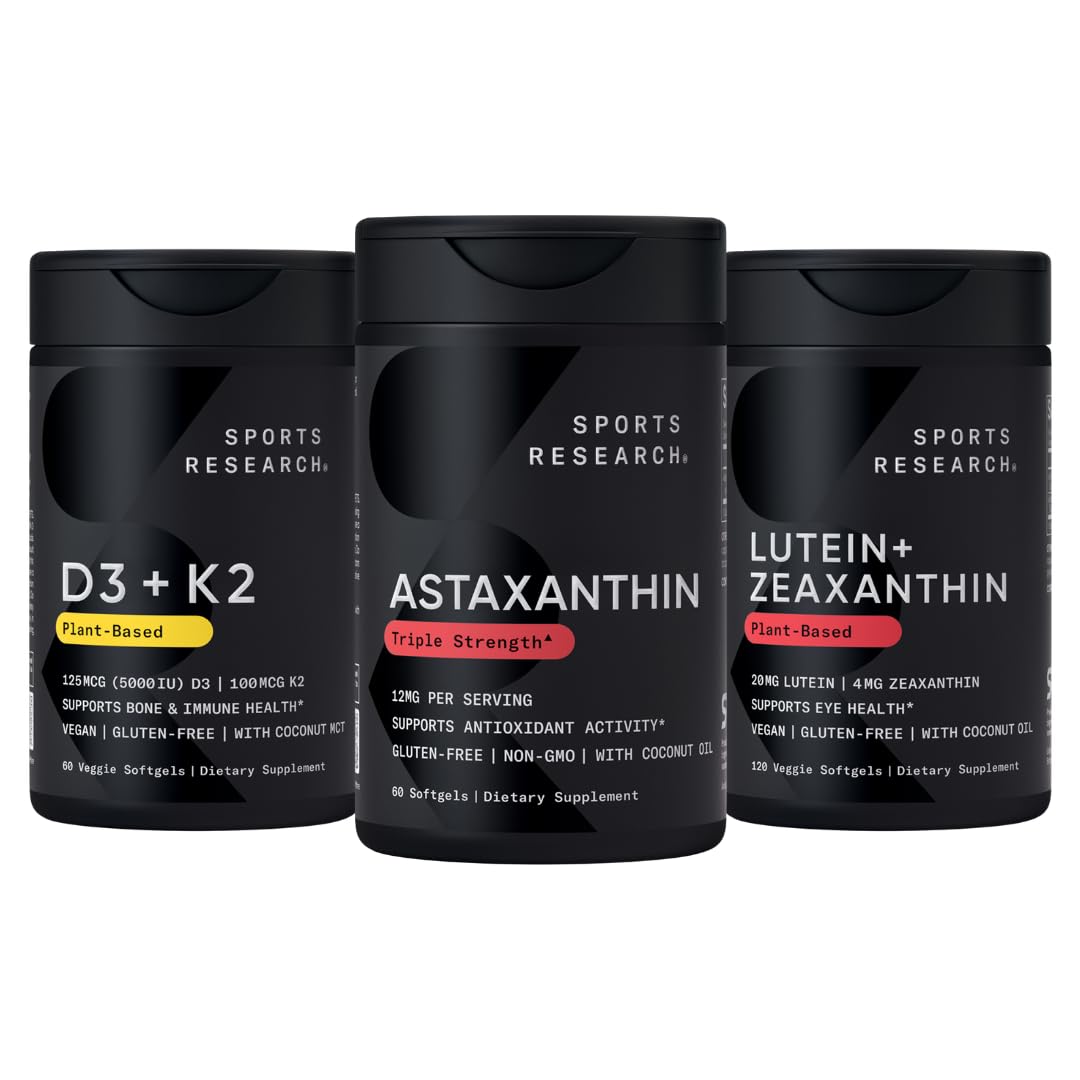 Sports Research® Pack w/Astaxanthin 12mg, Vitamin D3 5000iu + K2 100mcg, and Lutein 20mg + Zeaxanthin 4mg Supplements - Vegan Certified · Non-GMO · Gluten & Soy