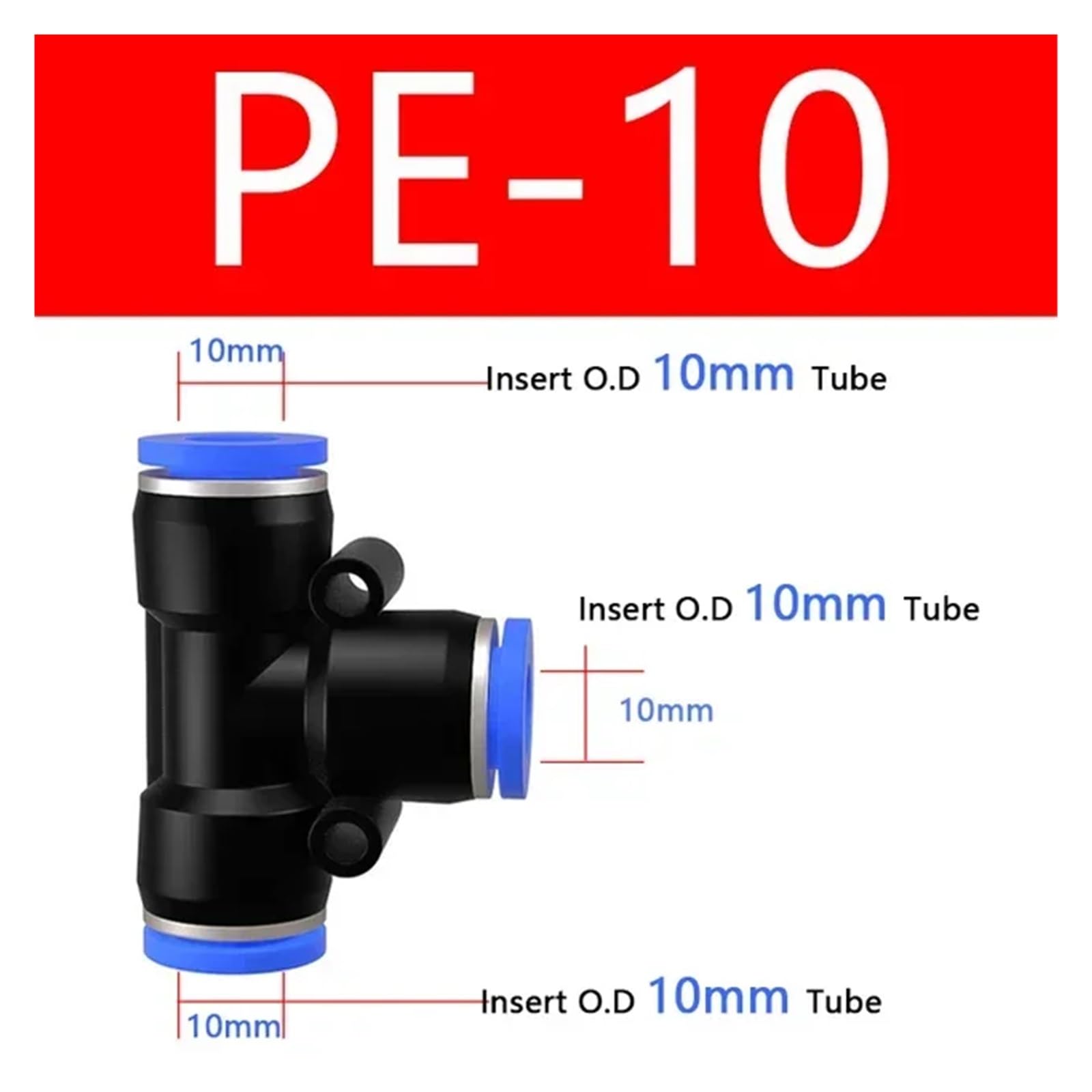 Conector neumático de PE, conexión rápida, Reductor en T, Tubo de plástico en Forma de T, Manguera de Agua de 4 mm, 6 mm, 8 mm, 10 mm y 12 mm(PE-10,50Pcs)