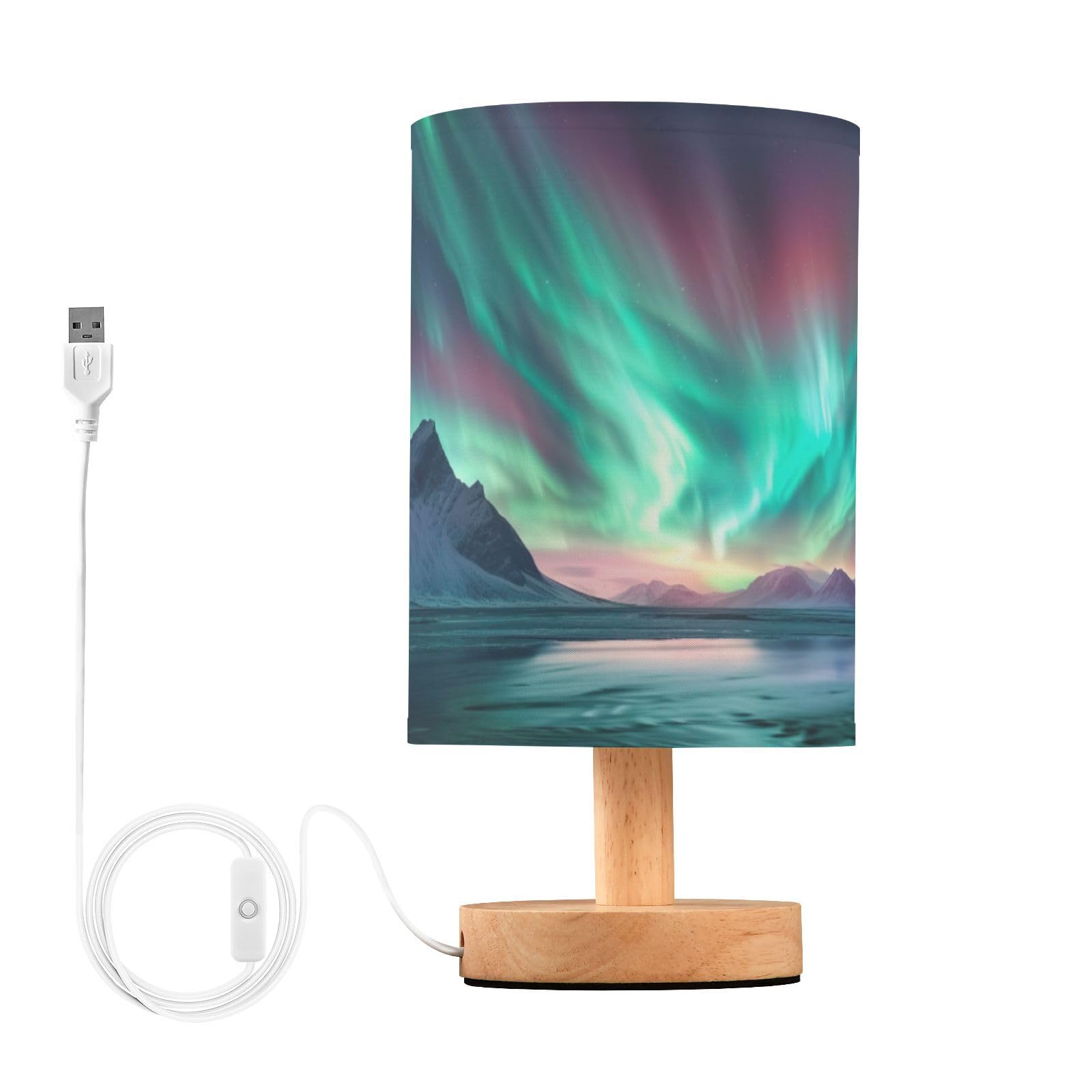 SDMKA Aurora Borealis Pattern Bedside Table Lamp for Bedroom, Minimalist Nightstand Lamp with Round Fabric Shade for Living Room, Office, No Bulb Required