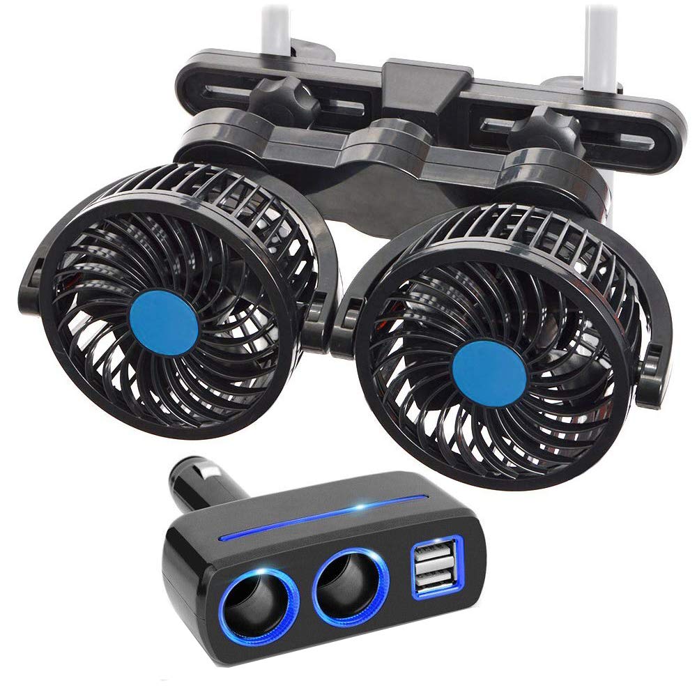 Amazon Deteker 車載扇風機 ツインカーファン 後部座席用 簡単装着 双頭 360 回転 風量2段階 車内扇風機 ヘッドレスト固定式 12 24v 2連シガーソケット車載充電器付き 4usbポート 4インチ ツインファン 車載用冷暖房器具 車 バイク