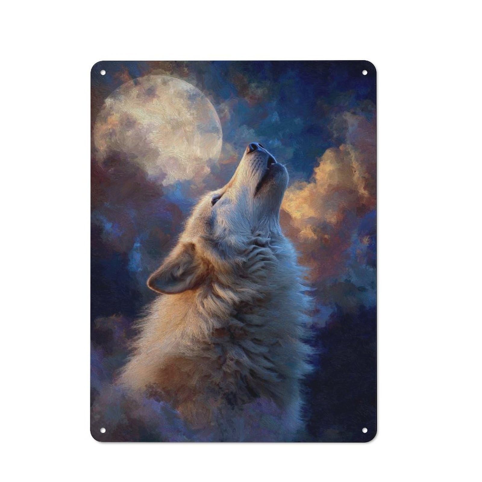 Rustic Wolf Howling at The Moon Painting Tin Wall Sign 40x30cm, Kitchen Wall Decor for Bakery, Diner, Cafe Or Family Room
