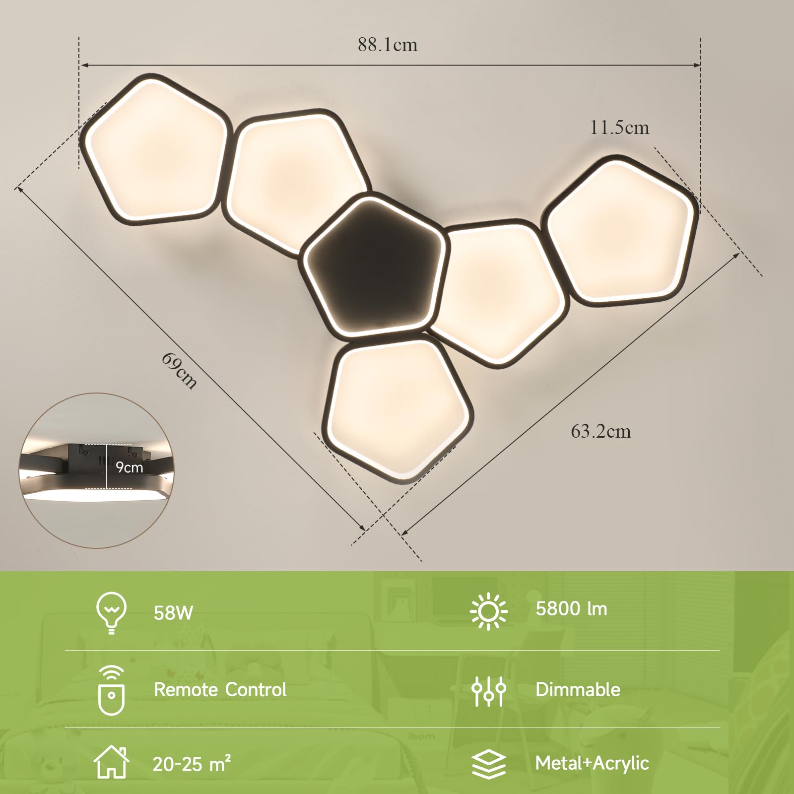 OTREN LED Deckenleuchte Dimmbar mit Fernbedienung, 88 cm 58W, 3000K–6500K, Nachtlicht & Memory-Funktion, Schwarz Deckenlampe für Wohnzimmer, Schlafzimmer, Küche