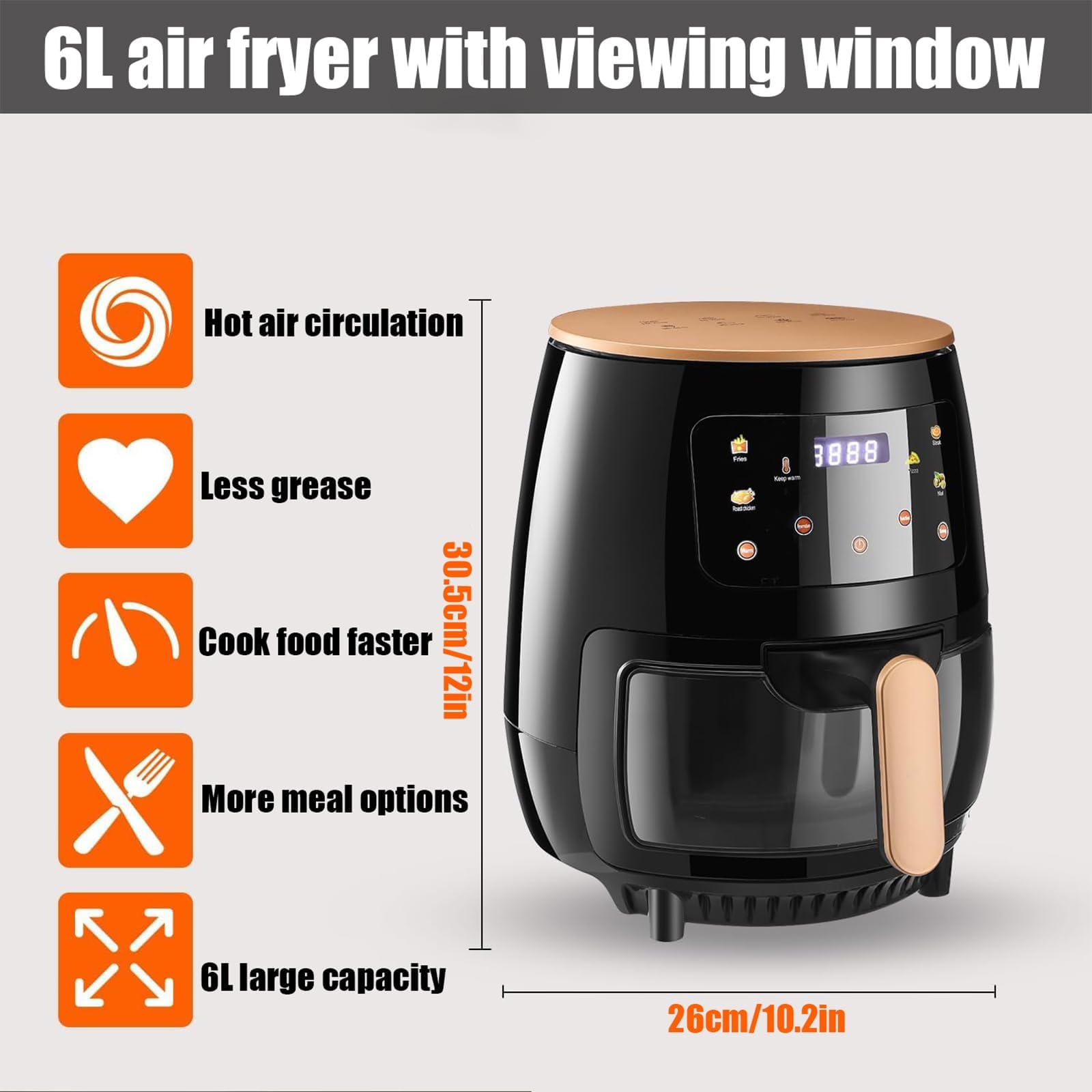 Friggitrice digitale ad aria con finestra visibile, 6 funzioni di cottura, timer e touchscreen per una facile preparazione dei pasti, perfetto per crostate di uova, patate dolci e carne